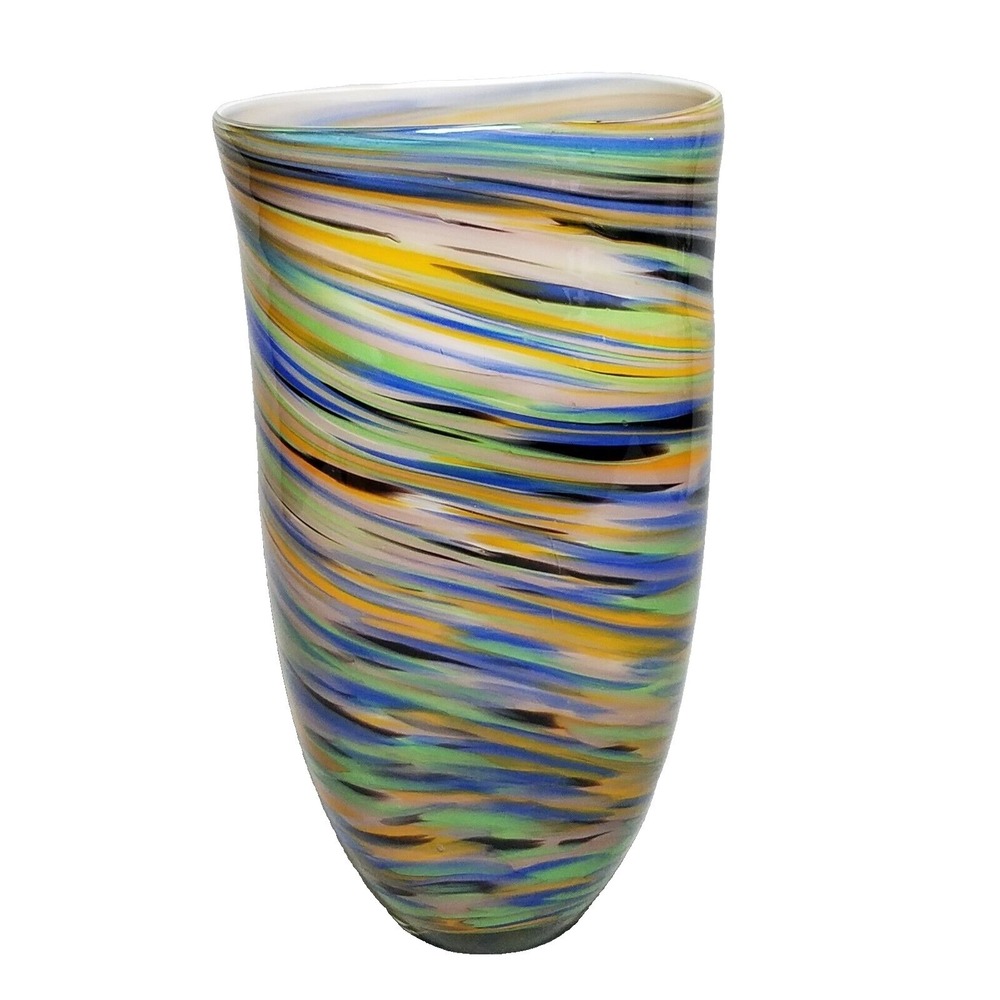 Hand Blown Art Glass Vase Multi Color Swirl Large 12.5in Tall Decorative Vessel